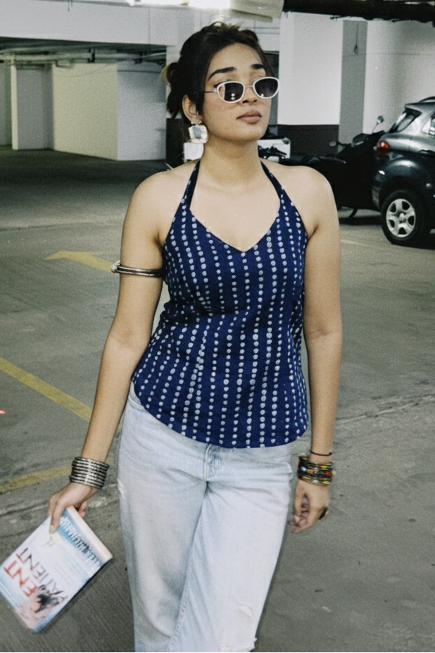 Woman in a parking garage wearing a blue top and white pants, holding a book.