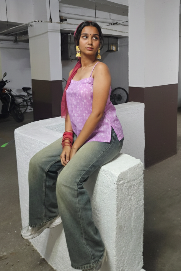 Woman sitting on a white block in an indoor setting with motorcycles in the background